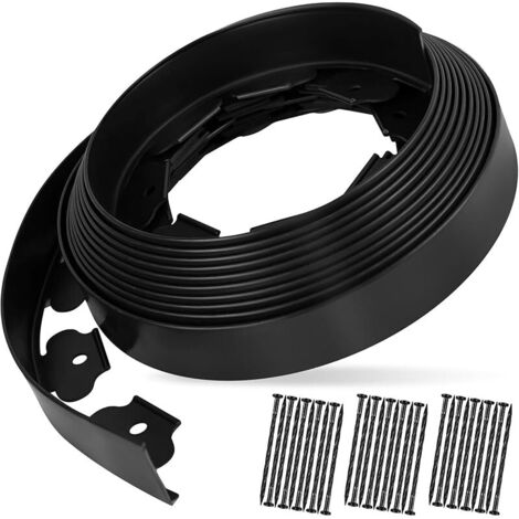 5cm Hauteur x 10m Longueur Bordure Jardin avec 30 Piquets Ancrage, Palissade Pelouse Plastique, Garniture Gazon Exterieur Flexible, Bordurette Parterre Fleurs avec Clous pour Tonte, Pavés (Noir)