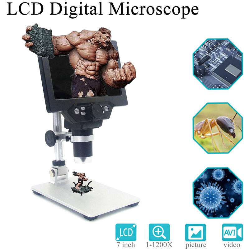 Image of Microscopio elettronico digitale portatile ricaricabile con zoom 1-1200X Microscopio Vga a 8 led con microscopio a schermo Hasaki da 12 Mp 7 ''