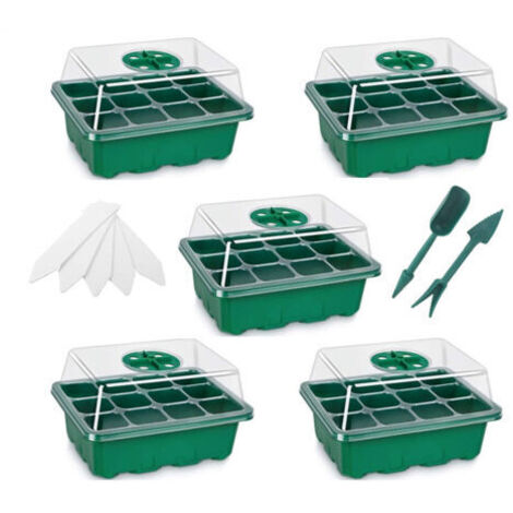 5er-Pack Grüne Mini-Anzuchtschalen, Saatschalen-Gewächshaus für Gemüsegarten zum Anpflanzen von Sämlingen, 12 Löcher mit Pflanzwerkzeugen und Pflanzenetiketten