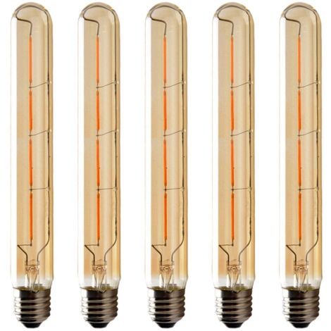 AOUGO 5er-Pack T225-Glühbirnen mit langen Röhren, LED-Edison-Filament, 6 W, E27-Sockel, warmweiß, bernsteinfarbenes Glas für dekorative Glühbirne, AC 220–240 V