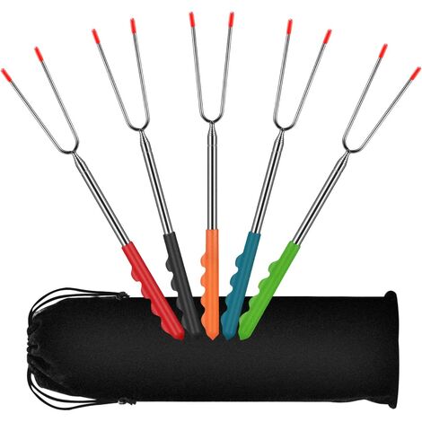 5er-Set dehnbar Edelstahl 32 cm 115 cm, Grillspieß Lagerfeuer Grillspießbesteck mit Gummigriff und Tragetasche für Grill, Camping, Marshmallows, Lagerfeuer