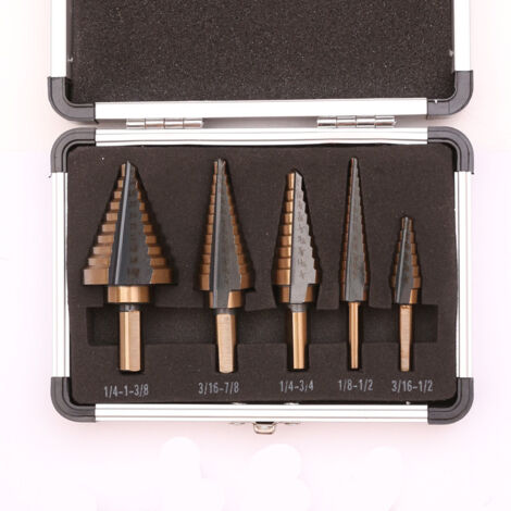 5er-Set Stufenbohrer, Stufenbohrer mit Titanbeschichtung für Stahl, Holz, Kunststoff, Messing, Aluminium, PVC-beschichteter Doppelschlitz-Kegelschneidbohrer