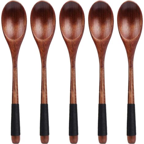 5er-Set Suppenlöffel aus Holz, koreanischer japanischer Reislöffel mit langem Griff, Küchenutensilien zum Mischen und Rühren
