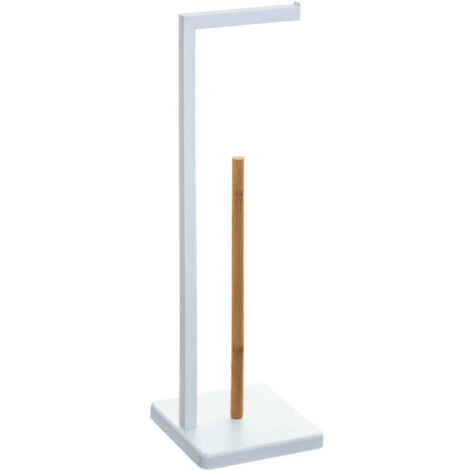 5Five Simply Smart – Dérouleur papier toilette métal blanc avec réserve en bambou – Dimensions 20x20x64,5 cm – Pour 3 à 4 rouleaux – Montage facile