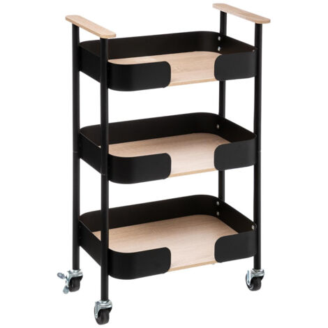 5Five Simply Smart – Desserte de cuisine 3 étagères en bambou et métal noir – Dimensions 45,5x28,5x75cm – Mobilité avec roulettes silencieuses