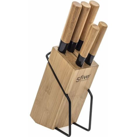 5Five Simply Smart – Ensemble de 5 couteaux de cuisine en acier inoxydable sur support en bambou – Bloc de rangement moderne – Dimensions 32,5 x 22,5 x 7,5 cm