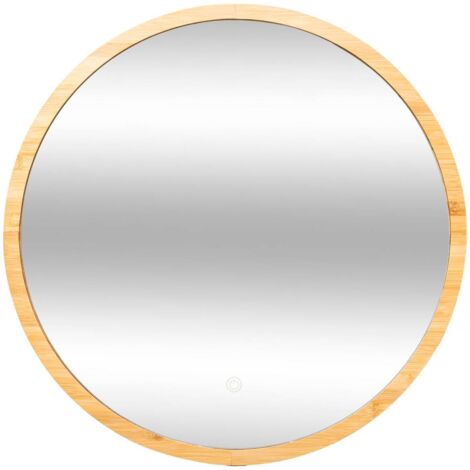 5Five Simply Smart – Miroir mural rond lumineux à LED 57 cm – Intensité lumineuse réglable – Cadre en bambou et verre – Installation facile sans outils