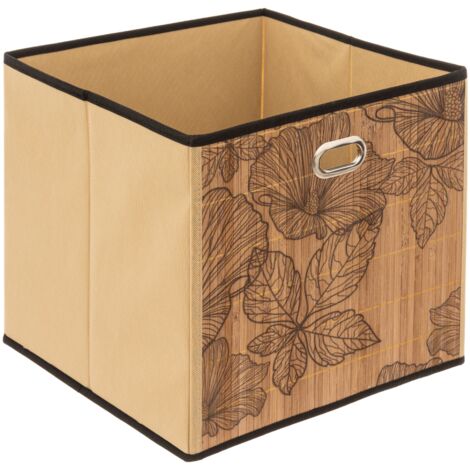 5Five Simply Smart – Panier de rangement en bambou naturel 31x31 cm – Motif floral élégant – Poignée chromée – Pliable pour un rangement facile