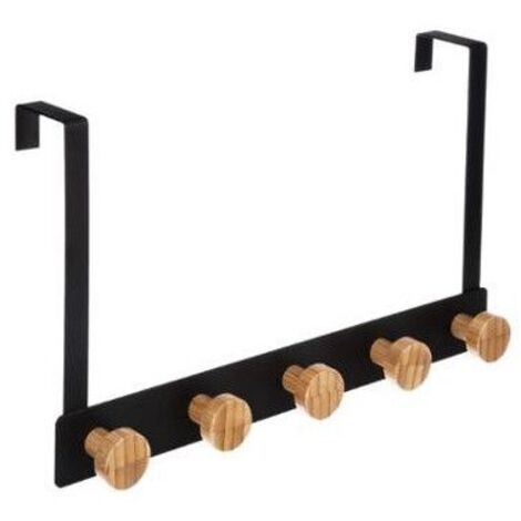 5Five Simply Smart – Patère de porte en métal noir 5 crochets en bambou – Longueur 33 cm – Installation sans perçage – Rangement efficace pour vêtements et serviettes