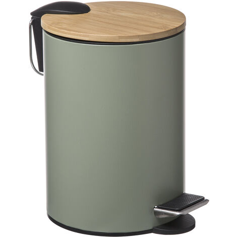 5Five Simply Smart – Poubelle de salle de bain 3L en métal vert kaki avec couvercle en bambou – Pédale silencieuse – Dimensions 22,5 x 17 x 23 cm