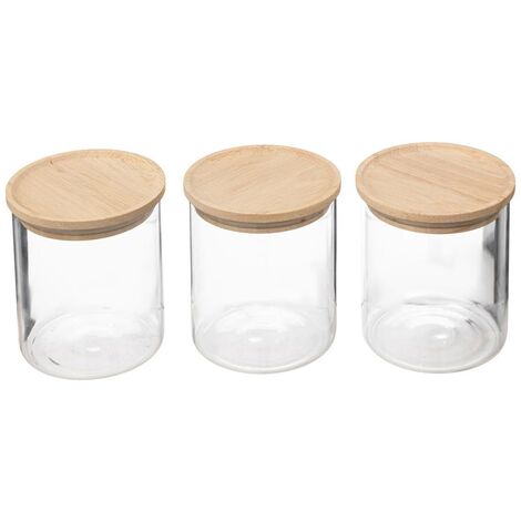 5Five Simply Smart – Set de 3 bocaux hermétiques en verre borosilicate 350ml – Couvercles en bois d'hévéa – Diamètre 8,5 cm – Hauteur 10,5 cm