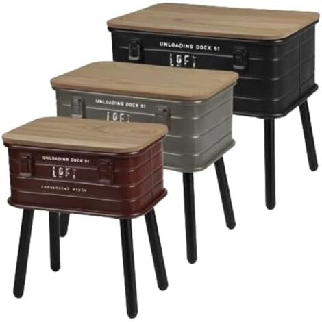 5Five Simply Smart – Set de 3 tables caisses rectangulaires en métal et bois – Dimensions : 46,5x31x40,5 cm, 39,5x26,5x38 cm, 32x21x36 cm – Couleurs noir, gris, bordeaux