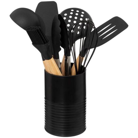 5five - tarro metálico negro para utensilios con 7 accesorios