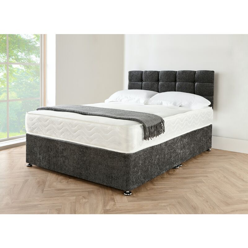 5Ft Charcoal Chenille Divan Bed With Mattress, Cube Hb And 0 Drawers