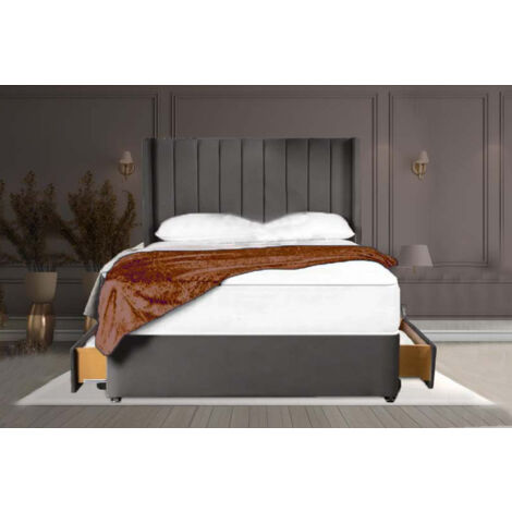 5FT King Mink Suede Divan Bed with vertical Linear Headboard, 2 Drawers & Mattress