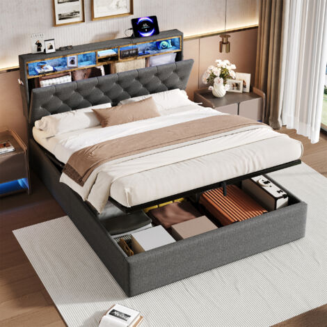 5ft King Size Upholstered Hydraulic Storage Bed with RGB LED Headboard - Grey Linen Fabric, Button Tufted Design with USB/Type-C Charging Station, Modern Bedroom Furniture (No Mattress)