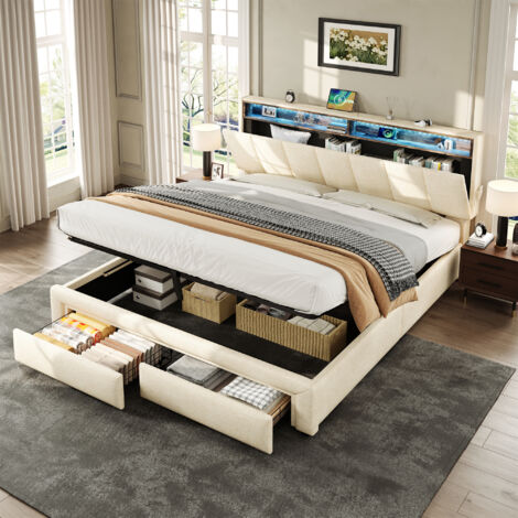 5ft King Upholstered Storage Bed with LED Headboard & Charging Station - Hydraulic Lift Drawers, Adjustable Headboard, Concealed Storage, Beige Linen Fabric (No Mattress Needed)