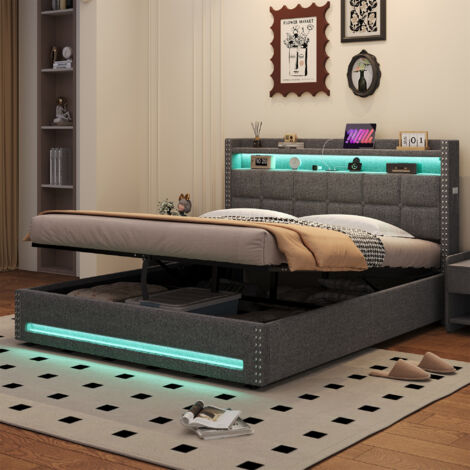5ft King Upholstered Storage Bed with LED & USB Charging - Hydraulic Lift Base, Linen Fabric, Button Tufted Headboard, Grey, No Mattress Needed