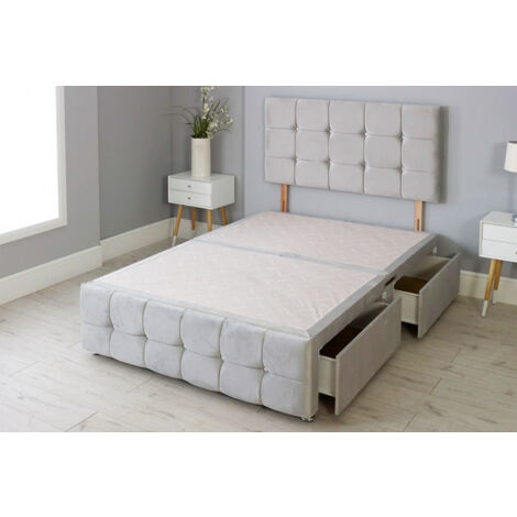5FT Light Grey Plush Divan Bed Base & Cube Headboard & Footboard with 2 Storage Drawers
