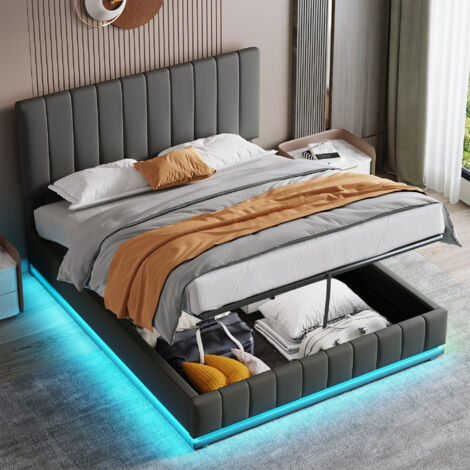 5ft Ottoman King Bed with LED Lighting, PU Leather Upholstered Bed, Tufted Headboard, No Box Spring Needed, Grey, 150x200cm (No Mattress)