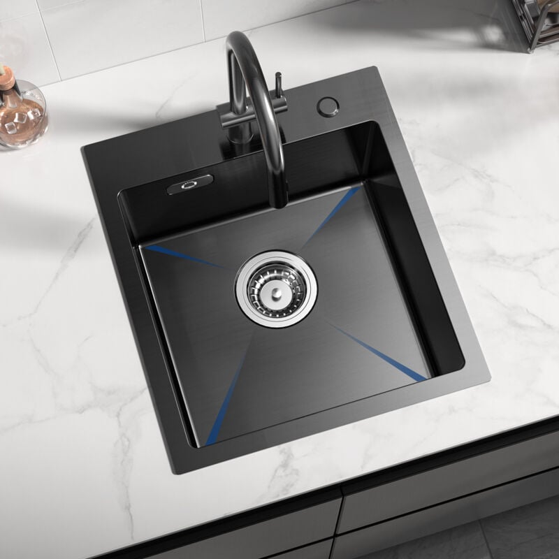 Cecipa - vier Cuisine 1 Bac 40 × 45 cm Évier Inox Montage à Encastrer ou à Fleur de Plan Au Moins 40 cm du Bas de l'Armoire - Noir