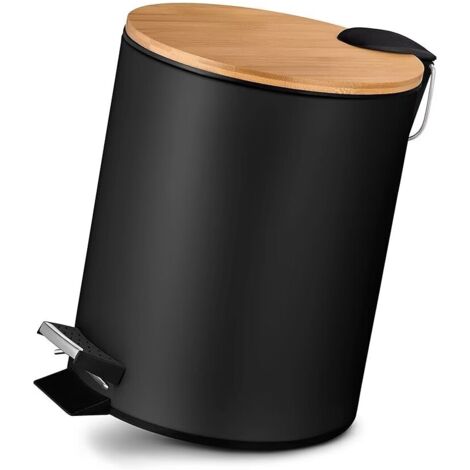 5L Poubelle Salle Bain  Poubelle à Pédale avec Fermeture Souple  Poubelle à cosmétiques au Design Élégant avec Couvercle en Bois de Bambou  Noir 