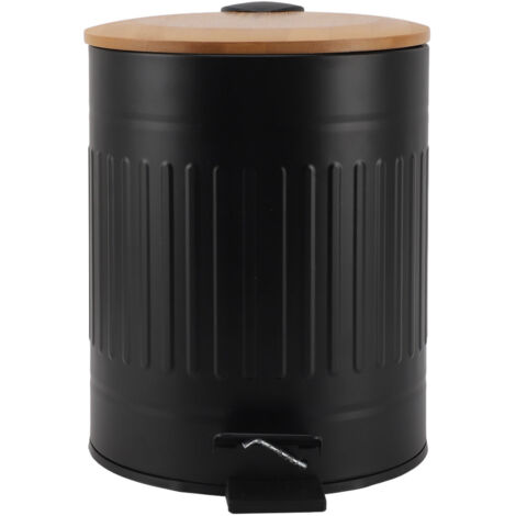 5L Round Step Trash Can Antique Romanesque Pattern Foot Pedal Garbage Container with Bamboo Lid Black
