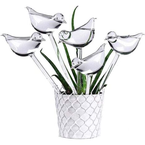 5LOT Sfere di irrigazione automatiche in vetro trasparenti a forma di uccello per piante da interno, pali da giardino, fiori