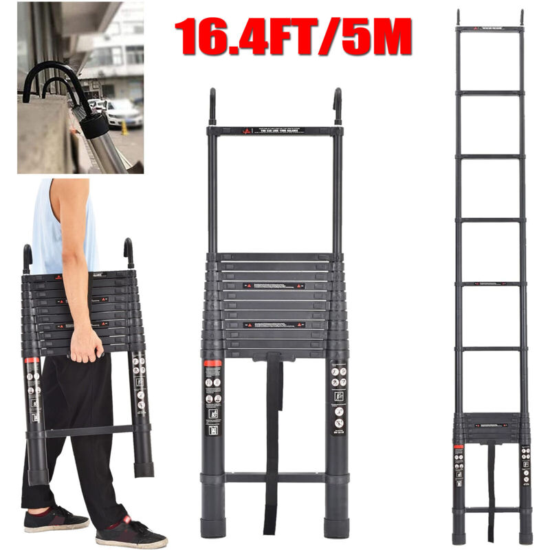 5M 16.4ft Telescopic Ladder w/ Detachable Hook Aluminum Ladder Heavy Duty EN131