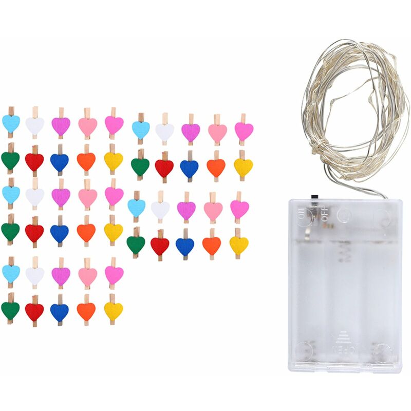 

5M 50 luces de cadena de luz + 50 piezas de clips de madera de color,En forma de corazon