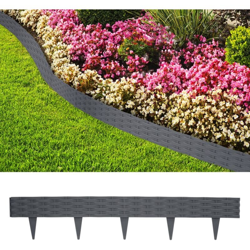 Beijiyi - 5m Bordure de Jardin Plastique avec 5 éléments de 100 cm chacun, Bordure de pelouse Aspect Rattan, Jardin Palisade Parterre (Anthracite)