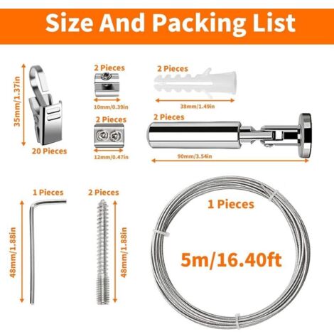 5M Curtain Rod Kit with 24 Metal Clips, Stainless Steel Curtain Cable, Metal Suspension Wire, Photo Hanging Rope, Rust-Resistant for Indoor Decoration, Art Exhibition, Clothing (Silver)