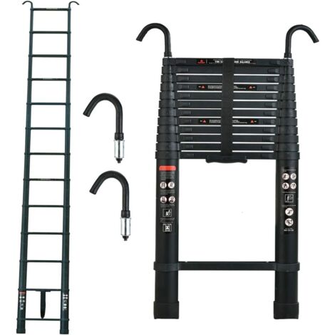 5M Échelle télescopique en Aluminium avec 2 Crochets,Échelle télescopique Extensible Antidérapante,Interrupteur de sécurité à Plusieurs Niveaux,Échelle Polyvalente 16 Echelons,Charge 150KG,Noir