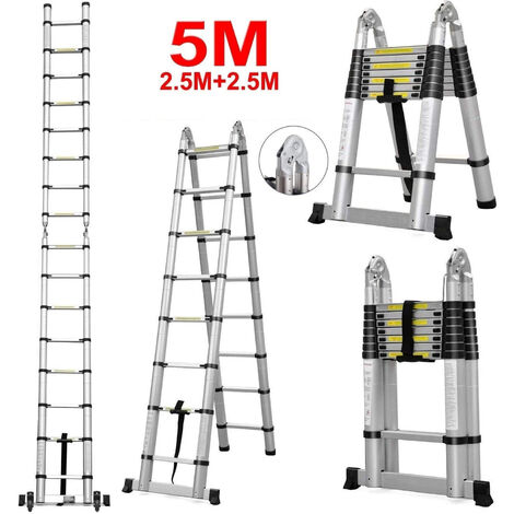 5M Échelle Télescopique en Aluminium avec rallonge télescopique, Échelle Télescopique Pliante(2.5+2.5), Charge 150 kg