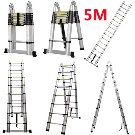 5M Échelle Télescopique en Aluminium, Échelle Télescopique Extensible, 2 en 1 Escabeau Telescopique Échelle Pliable Loft Ladder 16 Echelons,Certifié EN131, Résistance à 150kg