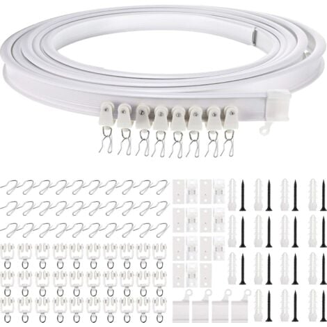 5m Flexible Curtain Track Bracket and Curved Window Rail (White with Silver Hook)