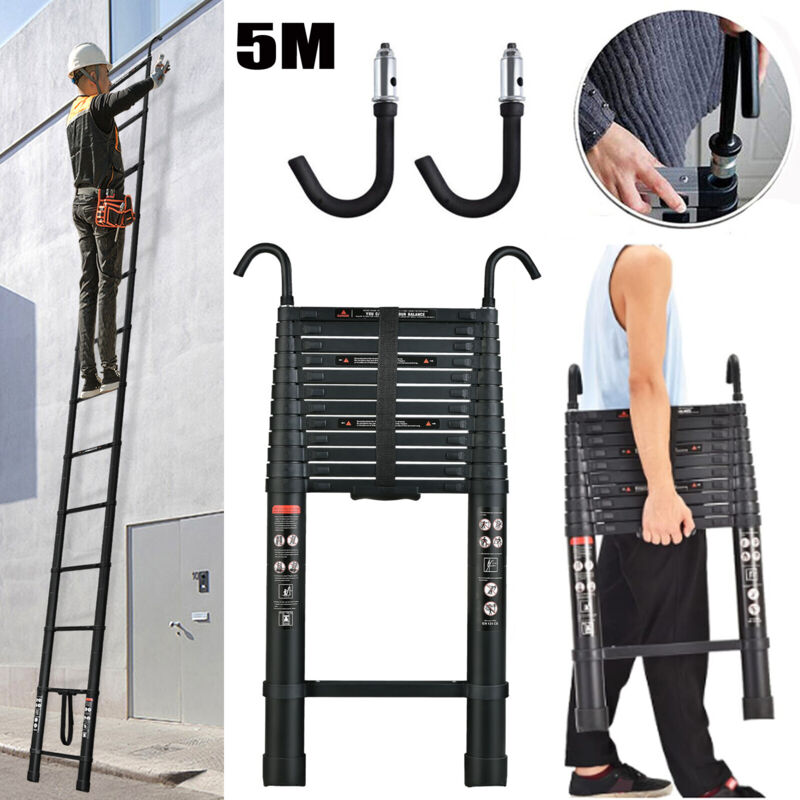5M Heavy Duty Telescopic Ladders With Hooks 13 Steps Aluminum 150KG Capacity