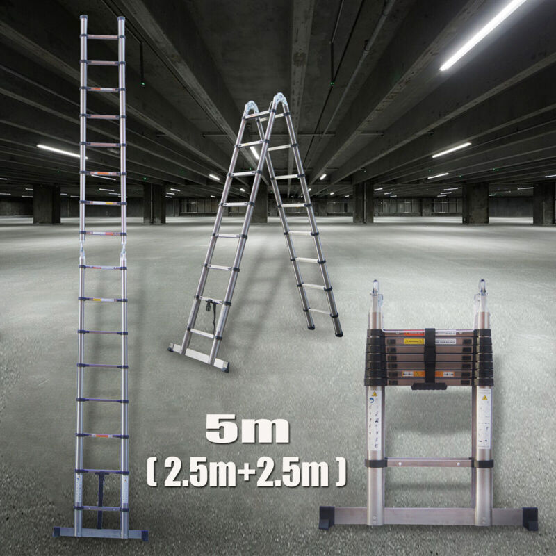 5M Multi-Purpose Stainless Steel Telescopic Ladder Portable Extendable Ladder 2.5M+2.5M A-Frame