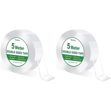 5m Ruban Adhésif Double Face Extra Fort Transparent, Double Face Réutilisable Lavable, Multifonctionnel Ruban adhésif Pour Tapis/Photo/Décoration (Lot de 2)
