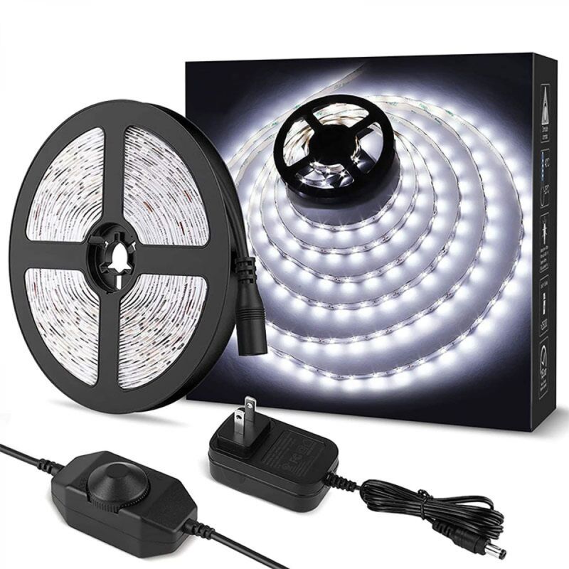 Ymyny 5M Ruban led 1200LM Blanc Froid Dimmable, 12V 6000K 300LEDs 2835, Bande led Autocollant avec Variateur, Connecteurs+Transformateur, Eclairage
