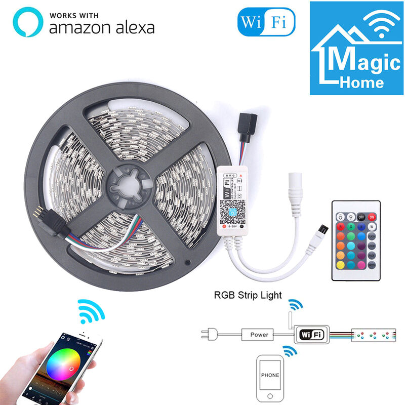 

5M Smart Light Strips Control WIFI Cambio de color LED 5050 RGB Compatible con Amazon Alexa Sincronizacion con musica para habitaciones Decoracion de