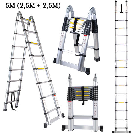 5M Telescopic Ladder Extension Tall Multi Purpose Folding Loft Ladder with stabilizer, 330 pound/150 kg Capacity (Silver)