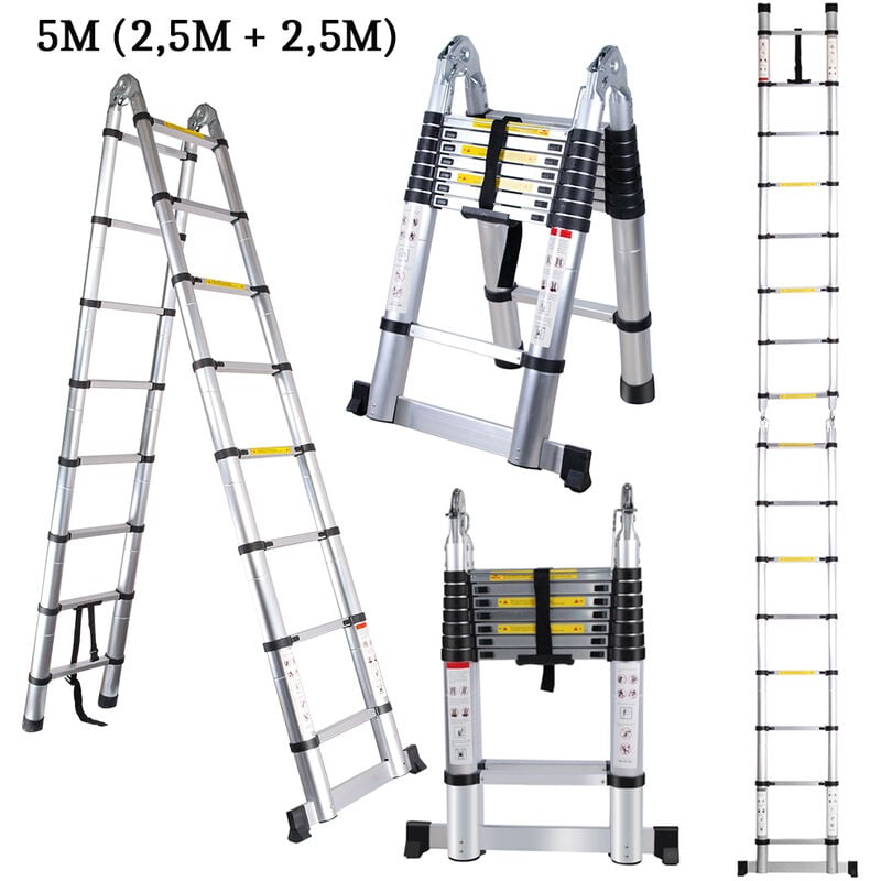 Axhup - 5M Telescopic Ladder Extension Tall Multi Purpose Folding Loft Ladder with stabilizer, 330 pound/150 kg Capacity (Silver)