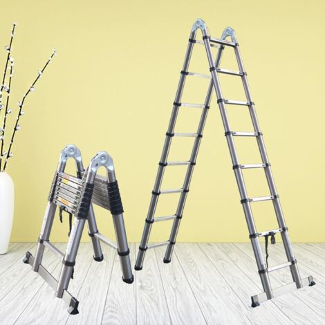 5M Telescopic Ladder Stainless Steel Portable Folding A-Shape Extendable (2.5M+2.5M) Extension Ladders EN131 Load Capacity 330lbs