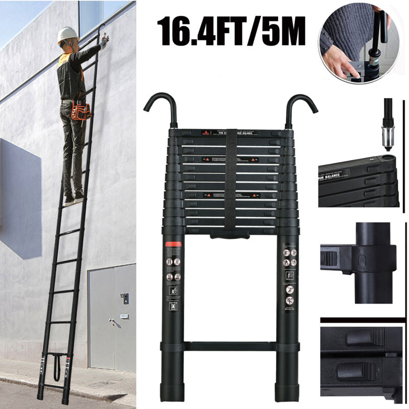 5M Telescoping Ladders W/ 2 Hooks Heavy Duty Aluminum Collapsible Ladder EN131