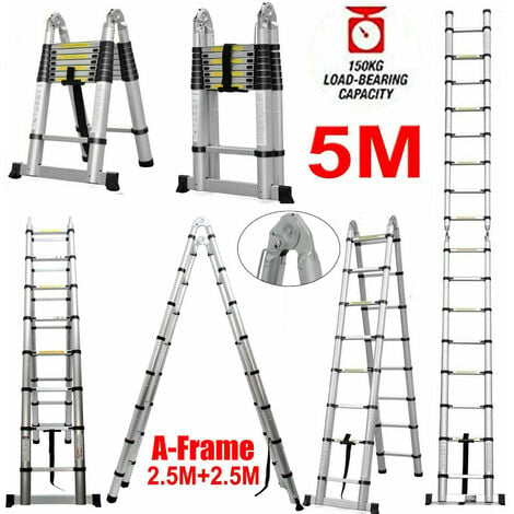 5m Teleskopleiter Trittleiter 2,5m + 2,5m Klappleiter, robuste Aluminium-Ausziehleiter für Zuhause, Büro, Dachboden, Wohnmobil, platzsparend, 150 kg Tragfähigkeit, EN131-zertifiziert