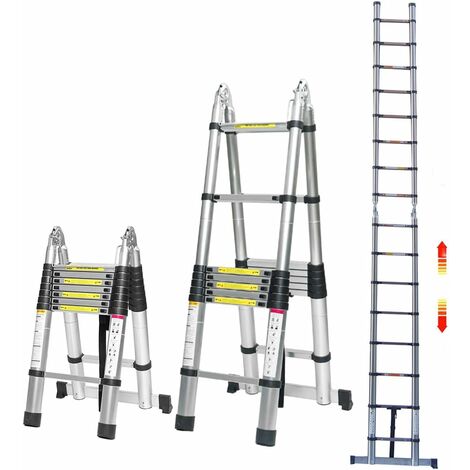 5m Teleskopleiter Trittleiter 2,5m + 2,5m Klappleiter, robuste Rostfreier Stahl-Ausziehleiter für Zuhause, Büro, Dachboden, Wohnmobil, platzsparend, 150 kg Tragfähigkeit, EN131-zertifiziert