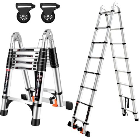 5M(2.5+2.5) Telescopic Ladder, Folding Ladder with Removable Pulley, Aluminum Telescopic Stepladder, Load 150kg