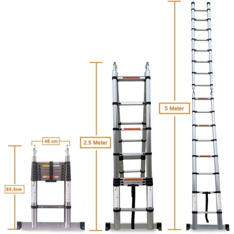 5m(2,5+2,5) Teleskopleiter Ausziehleiter Edelstahlleiter A-Rahmen Klappleiter für Wohnmobil/Dachboden/Büro/Warenhaus Mehrzweckleiter leicht zu tragen 150 Kg Belastbar