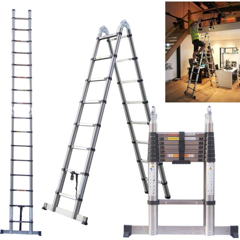 Briefness - 5M(2.5+2.5M) Telescoping Step Ladder Heavy Duty Stainless Steel Folding Stepladder Max Load 50kg/330lb For Cleaning Job Building